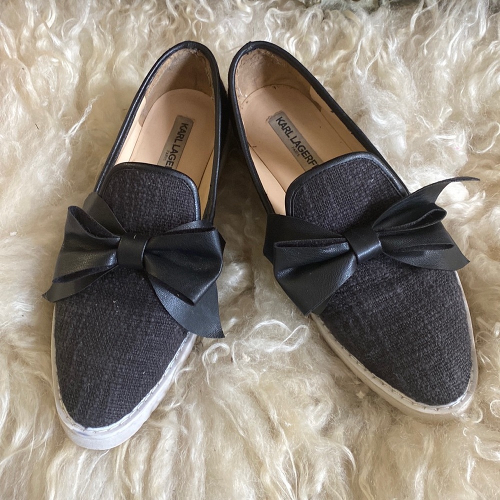 Karl Lagerfeld Slip Ons Black Leather Bow